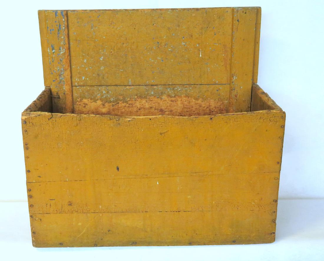 Small primitive wood box in old mustard paint over blue (1 of 4)