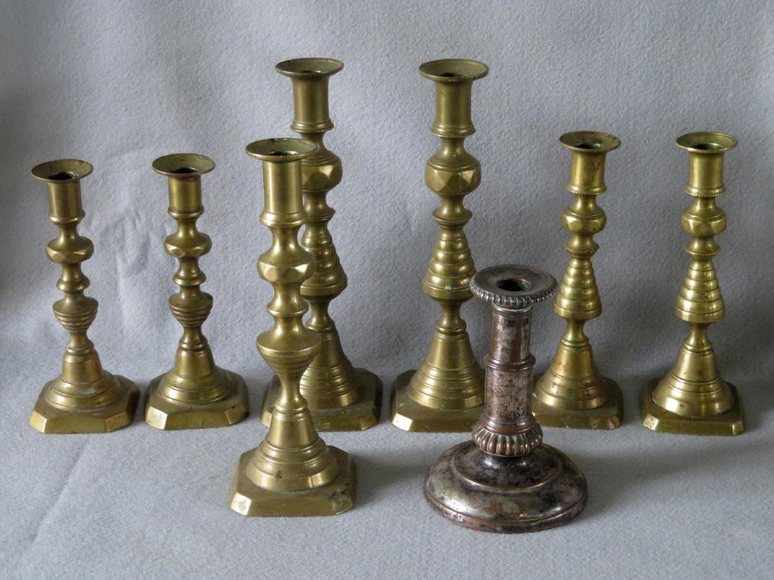 Grouping of 8 candlesticks including 3 pairs of brass (1 of 3)