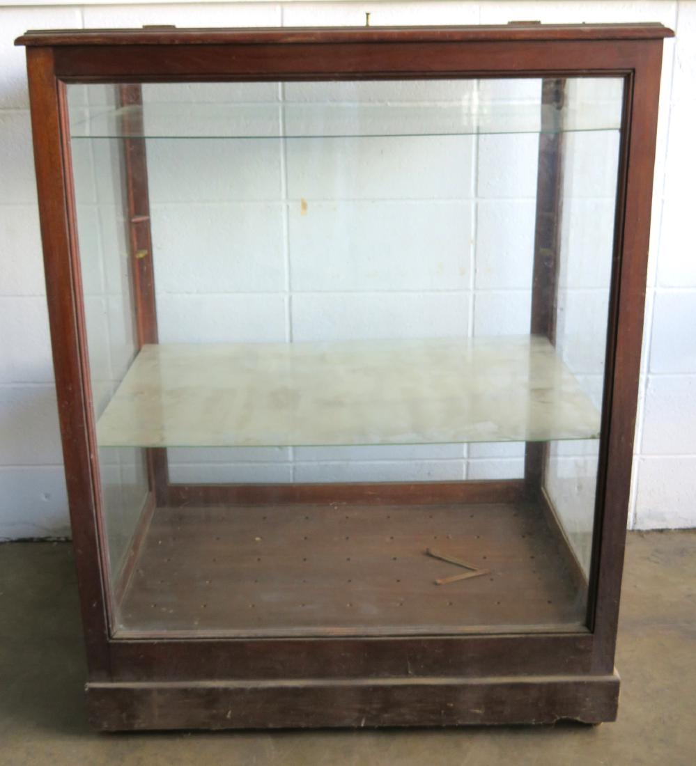 Stained birch floor standing glass showcase with lift (1 of 4)