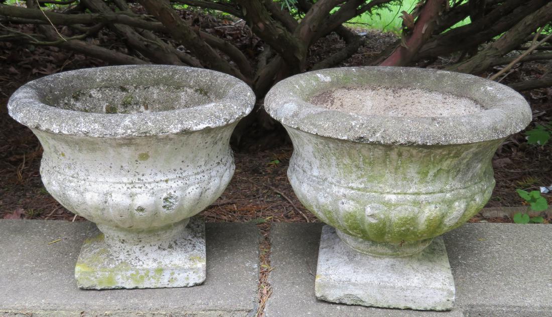 Pair of small concrete garden urns in classical design, (1 of 2)