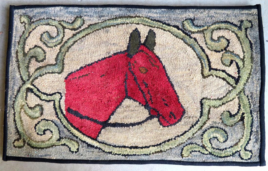 Pictorial hooked rug, professionally mounted, featuring (1 of 2)