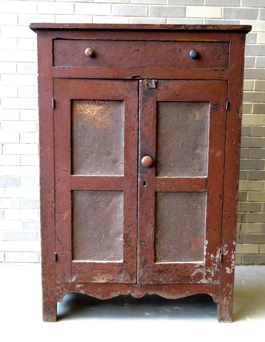 Pierced tin pie safe with layers of old paint, having 1 (1 of 8)