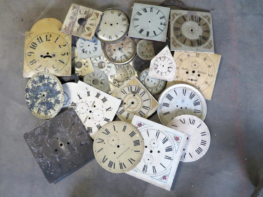 Grouping of 25 old clock faces including tall case (1 of 5)
