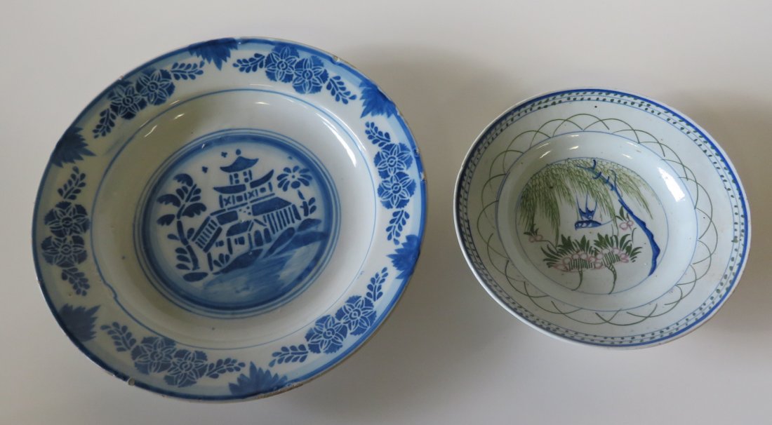 Two early hand painted footed plates. (1 of 6)