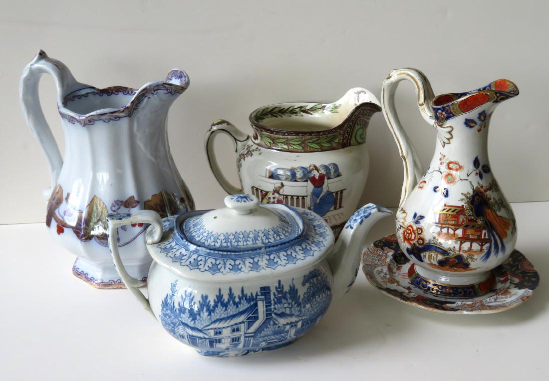 Grouping of old classical porcelains including Buffalo: Grouping of old classical porcelains including Buffalo Pottery pitcher in the Cinderella pattern – 6.25”H – very good condition, Elsmore & Forster ironstone pitcher decorated in blue, gold & bro