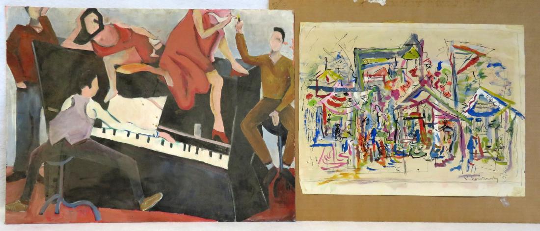 Two pieces of original modernistic artwork including:: Two pieces of original modernistic artwork including: 1) O/B Outsider art depicting man playing piano with other nearby figures of men and woman – 18” x 24” – good condition, circa 1960; 2) Mo