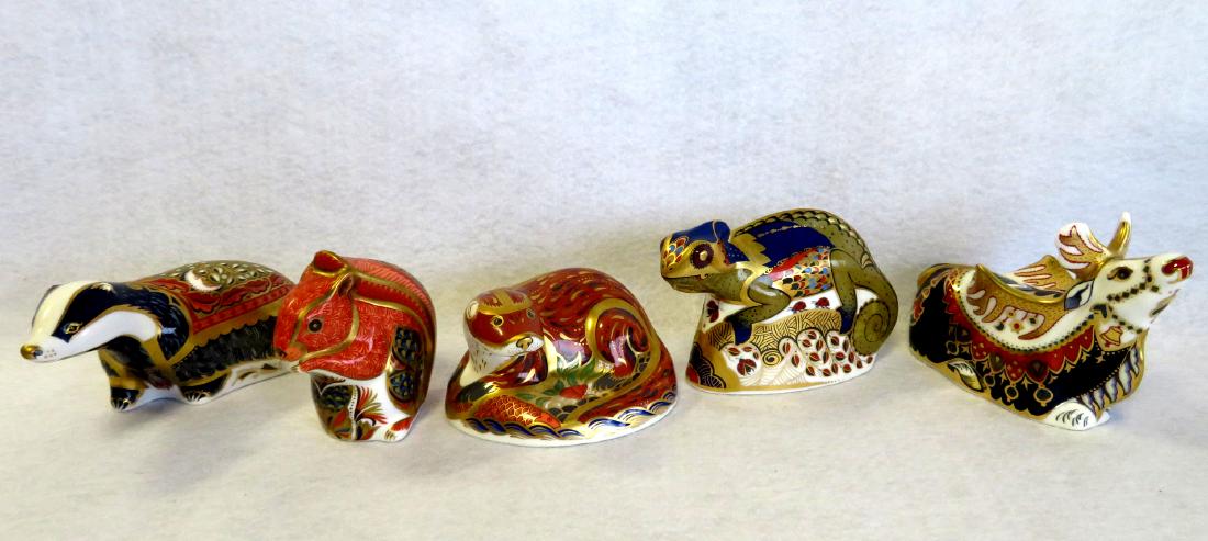 Five Royal Crown Derby Collectors Club figurines: Five Royal Crown Derby Collectors Club figurines including Otter, Chameleon, Squirrel, Moonlight Badger, and Reindeer. All in excellent condition, no chips, cracks or repairs. Ranging in size from 3.5