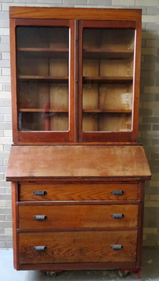 Victorian oak secretary having 2 glass doors