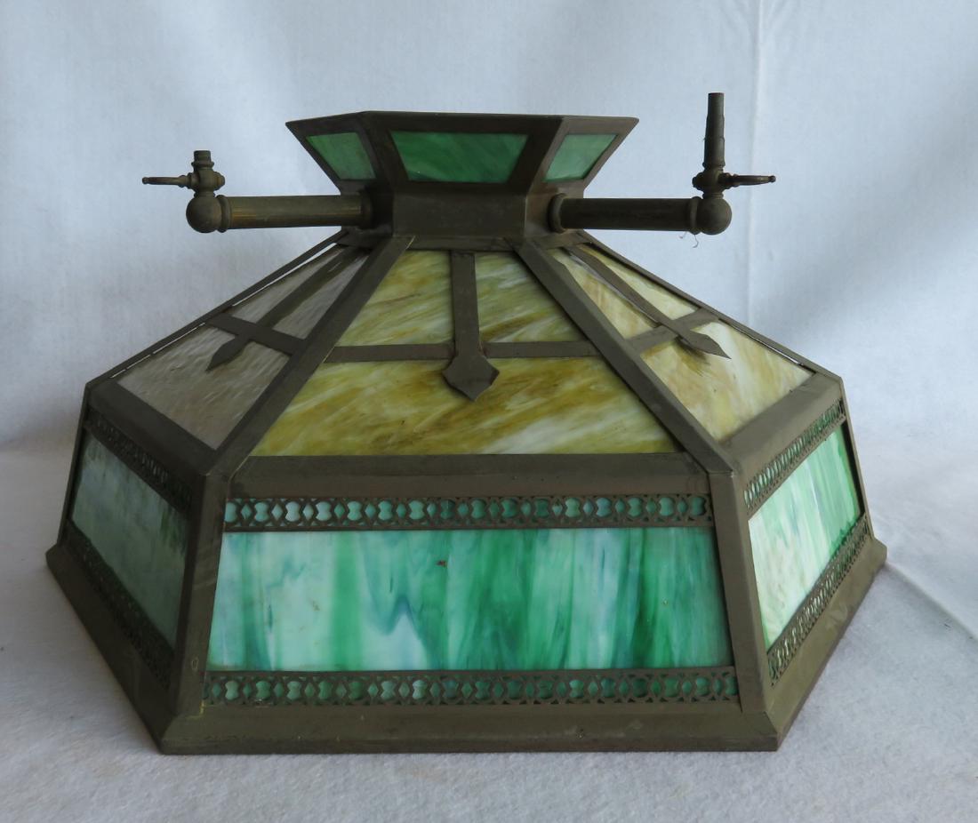Arts and Crafts period gas ceiling fixture, hexagonal: Arts and Crafts period gas ceiling fixture, hexagonal shape with copper frame - green slag glass inserts. 12”H x 30.5”D. Missing one slag glass panel – mechanicals appear to us to be all origina