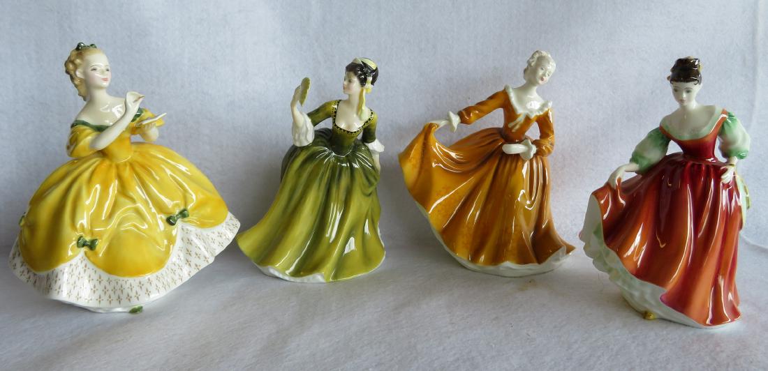 Four Royal Doulton figurines including HN 2381 Kirsty: Four Royal Doulton figurines including HN 2381 Kirsty 1970, HN 2832 "Fair Lady (Red)" 1962, HN 2315 "The Last Waltz" 1965, and HN 2378 Simone 1970. 7.25"H to 8.25"H. All in excellent condition, no chi