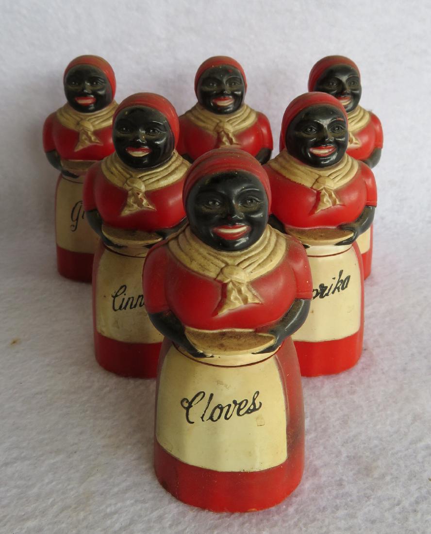 Aunt Jemima plastic 6 piece spice jar set signed F & F: Aunt Jemima plastic 6 piece spice jar set signed F & F Ohio - each figure 4"H. Very good original condition circa 1950.