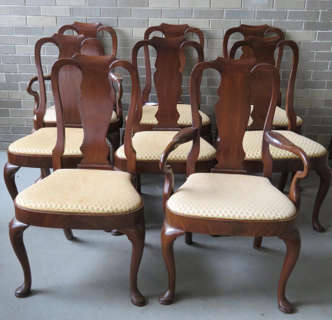 Good set of 8 walnut Queen Ann style dining room chairs: Good set of 8 walnut Queen Ann style dining room chairs with matching upholstered seats, and pad feet - includes 2 shaped arm chairs. All in very good condition, early to mid 20th century. Each chair