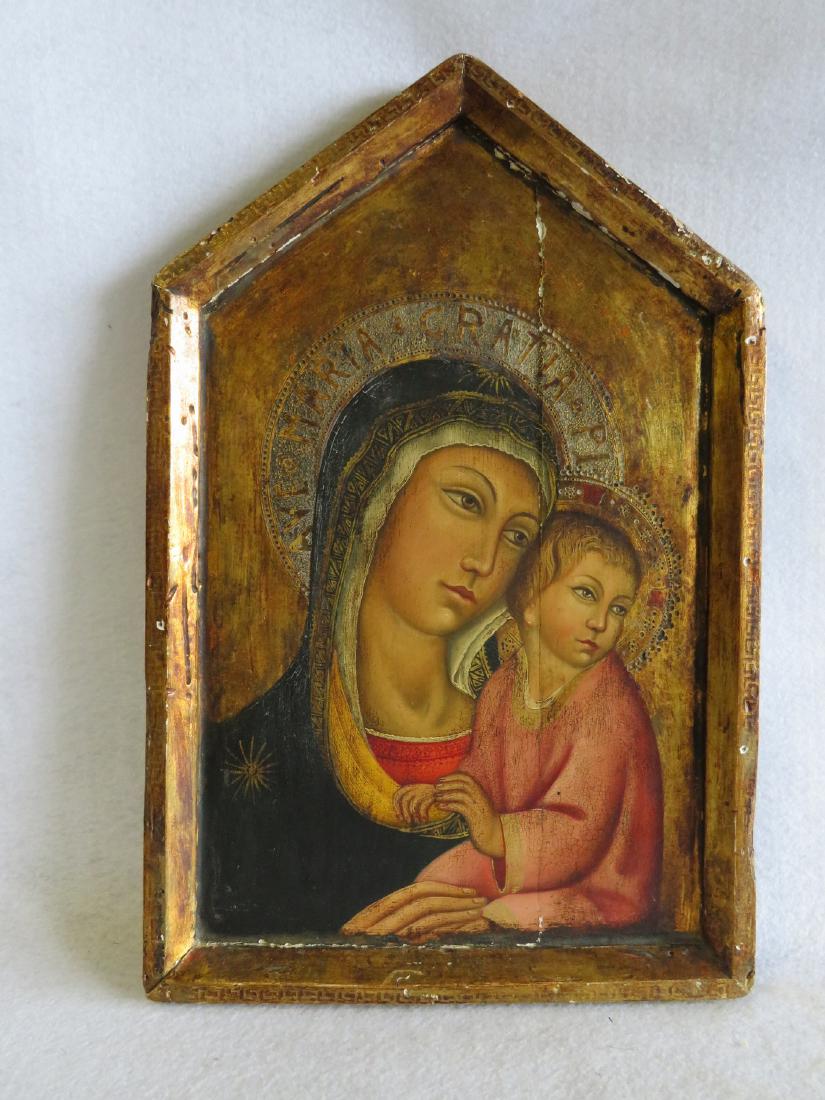 Italian hand painted icon of Madonna and child on wood: Italian hand painted icon of Madonna and child on wood panel, marked “Maria Gratia Plena” within halo - Pineider Rome label attached on reverse – please note that there appears to be contemporar