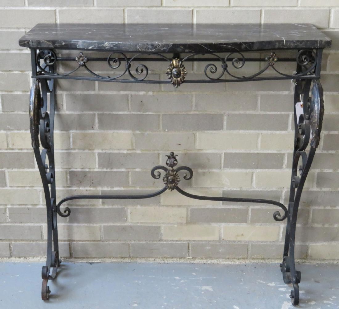 Wrought iron console table with black marble top,