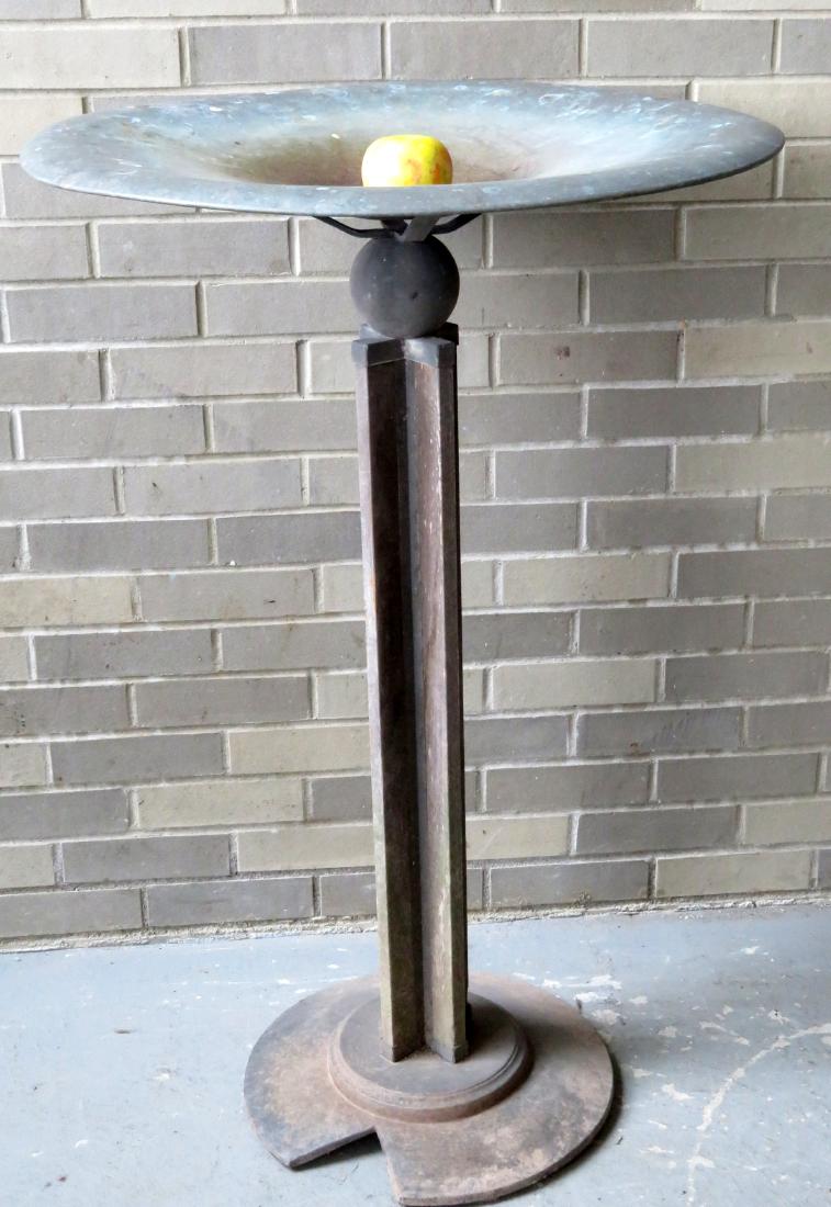 Copper and wood bird bath consisting of a round: Copper and wood bird bath consisting of a round dish-top copper tub mounted on a copper ball that is attached to an architectural wooden column attached to a round cast iron stepped base - 26”D x 40