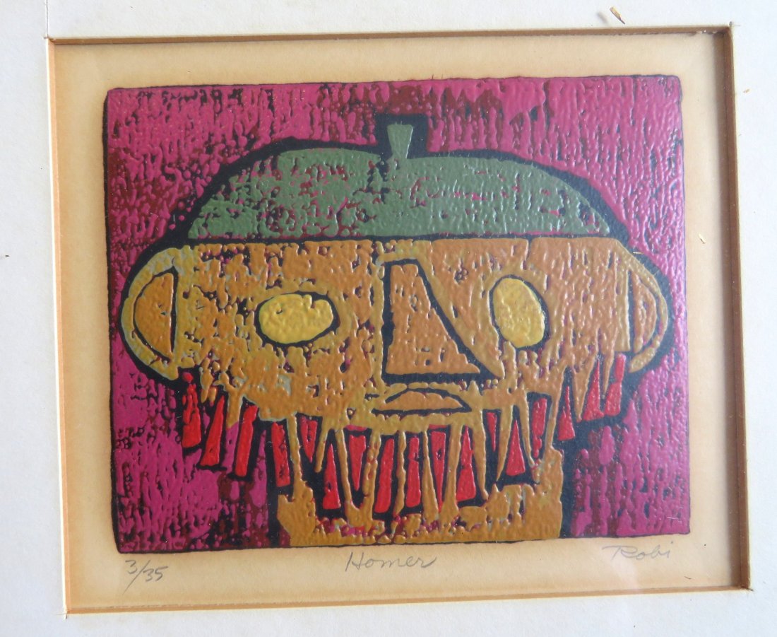 Grouping of 9 modernistic linocuts signed Robi (Al