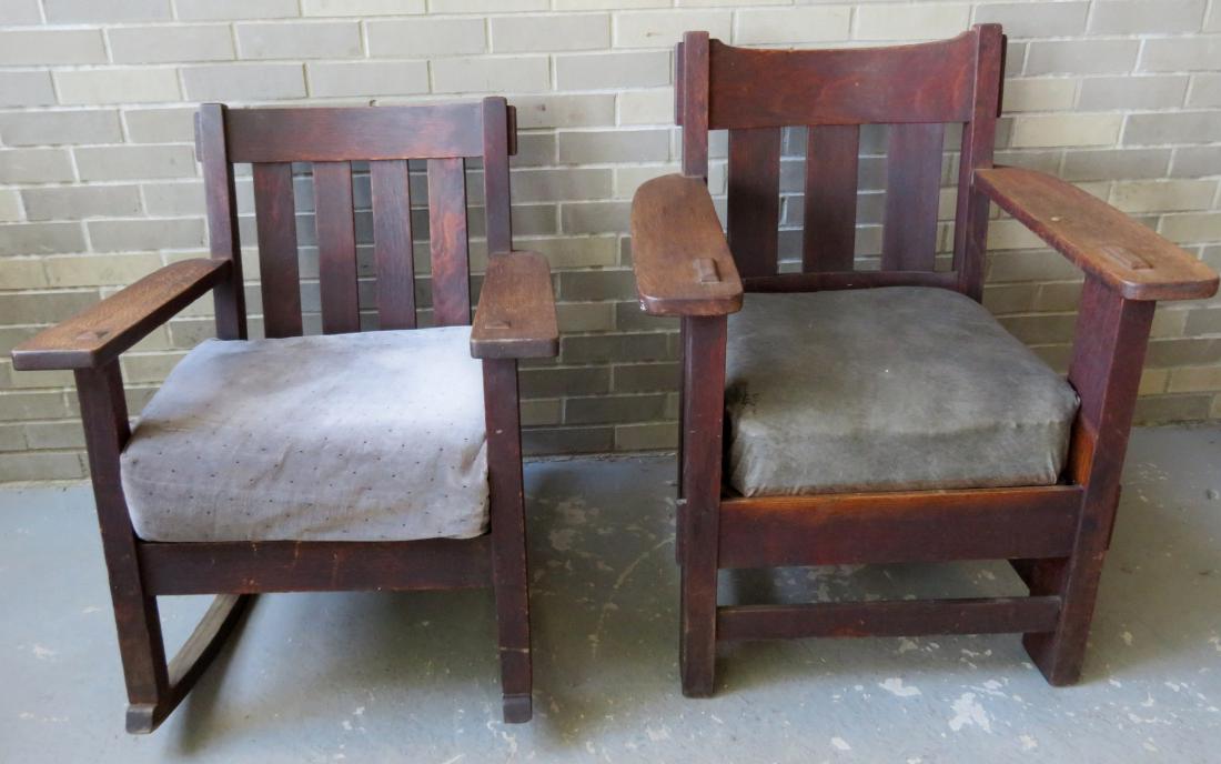 Mission oak chair and rocker signed Stickley & Brandt –: Mission oak chair and rocker signed Stickley & Brandt in original finish. The rocker is missing its original seat, and the chair, slightly larger than the rocker, has its original spring seat but a re