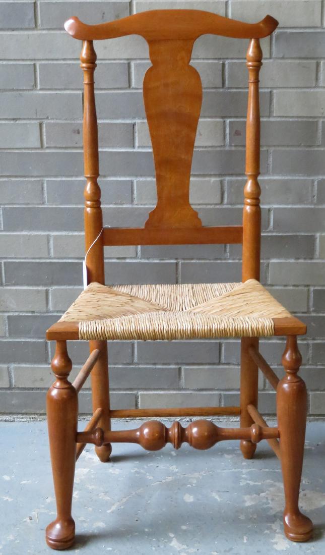 High quality custom made birch Queen Ann style side: High quality custom made birch Queen Ann style side chair with duck feet and bulbous cross stretcher – original real rush seat – excellent condition, late 20th or early 21st century.