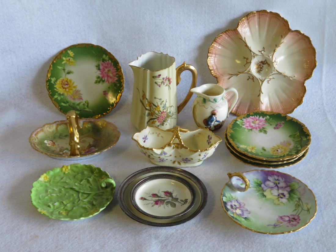 Grouping of vintage hand painted European china: Grouping of vintage hand painted European china including Royal Bayreuth leaf shaped dish with single handle – 5.5”D, 2 small Rosenthal dishes, small Limoges serving dish with finger holder decora