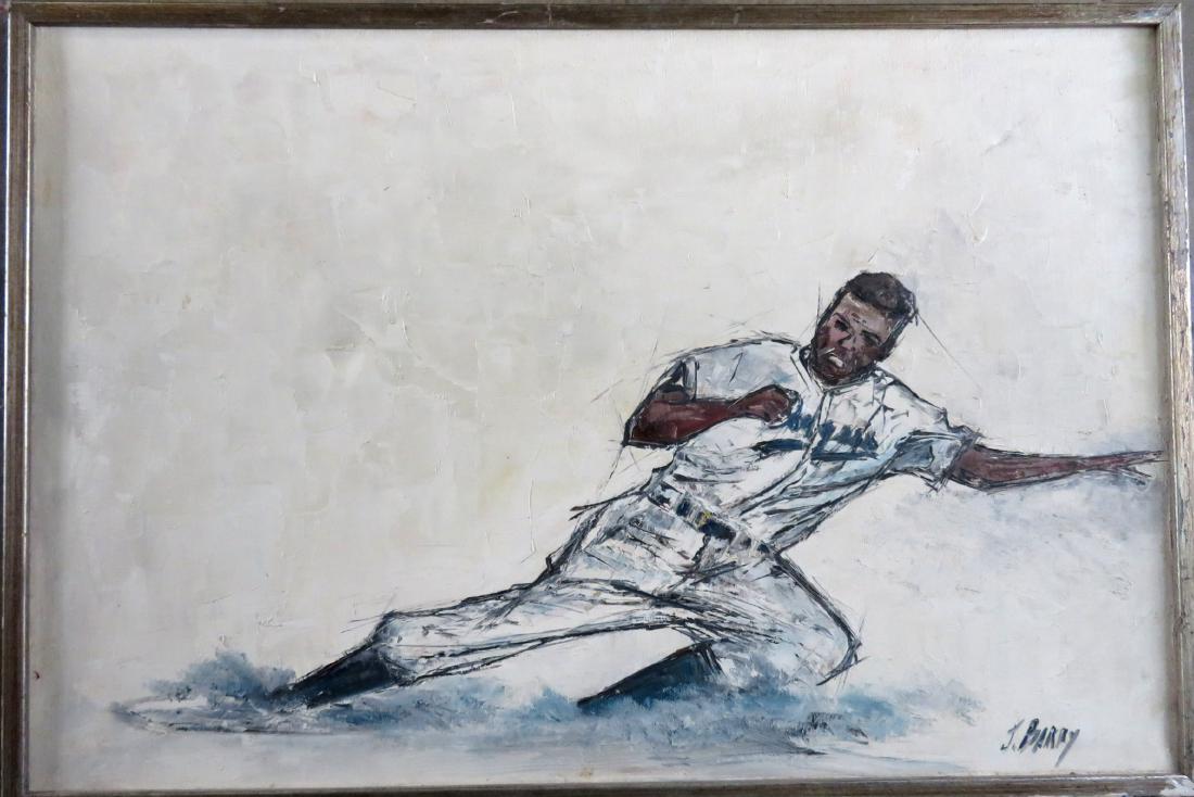 O/C of baseball great Jackie Robinson sliding into: O/C of baseball great Jackie Robinson sliding into base, signed J. Barry - 25" x 37.25" (total frame size). Two slight impressions in canvas, else very good condition. Mid to late 20th century.
