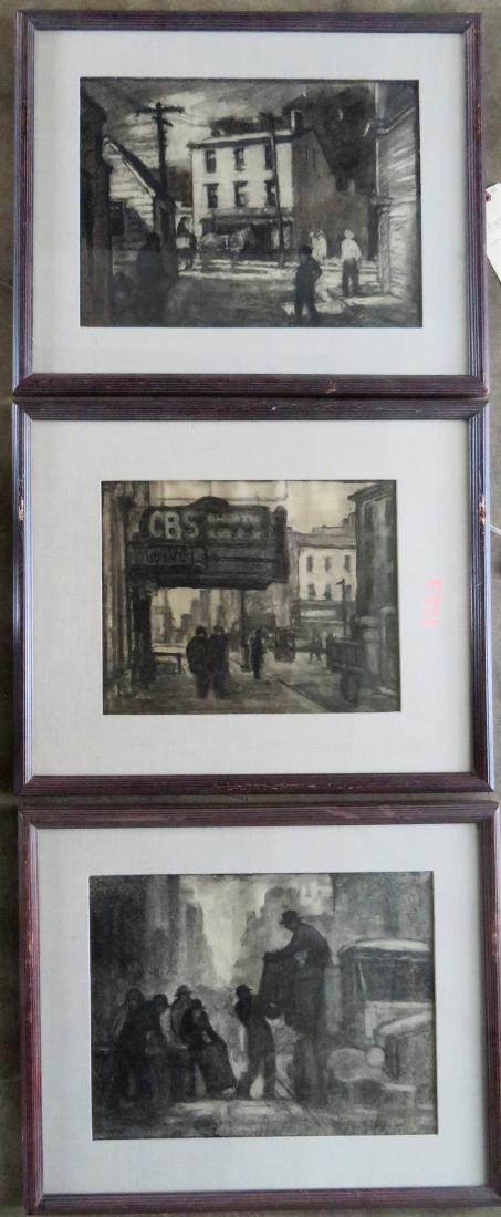 Three good quality framed WPA era charcoal drawings: Three good quality framed WPA era charcoal drawings with industrial themes each approximately 11" x 14" within mat, and all in good condition. Circa 1930.