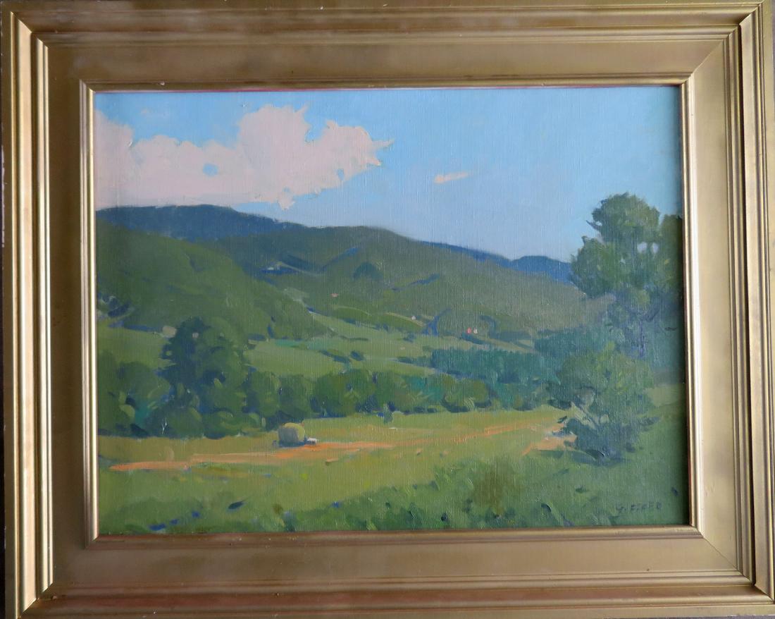 O/C Country landscape with rolling hills and hay wagon: O/C Country landscape with rolling hills and hay wagon in valley, probably Hudson Valley, signed G. Fifer (Gary Fifer - Hudson Valley NY & CT, born 1965) - 18" x 24". Excellent condition.