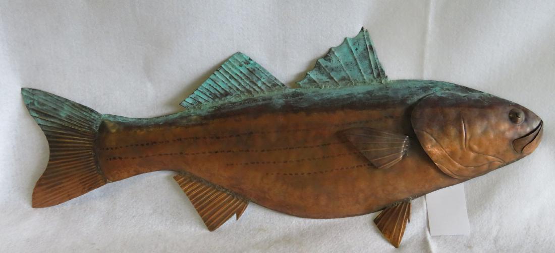 Large copper fish wall art sculpture, signed illegibly