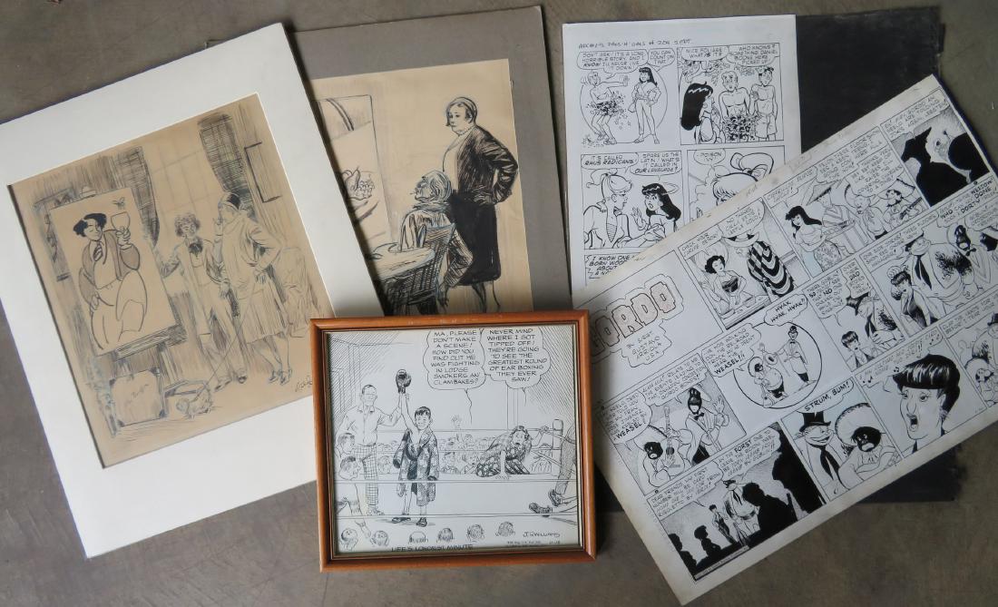 Grouping of unframed illustrations and comic art by: Grouping of unframed illustrations and comic art by noted artists including: 1) James Robert Williams (Ariz, Calif, Nova Scotia 1888-1957) - original pen and ink comic art illustration of boxing match