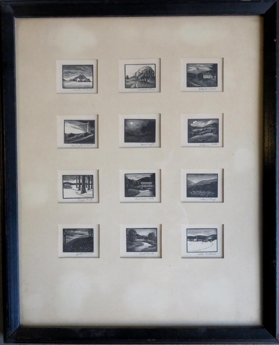Framed grouping of 12 miniature woodcuts with printed: Framed grouping of 12 miniature woodcuts with printed paper label on reverse signed and titled on reverse "White Christmas / Woodcut by Asa Cheffetz". Each woodcut has a pencil signed title including