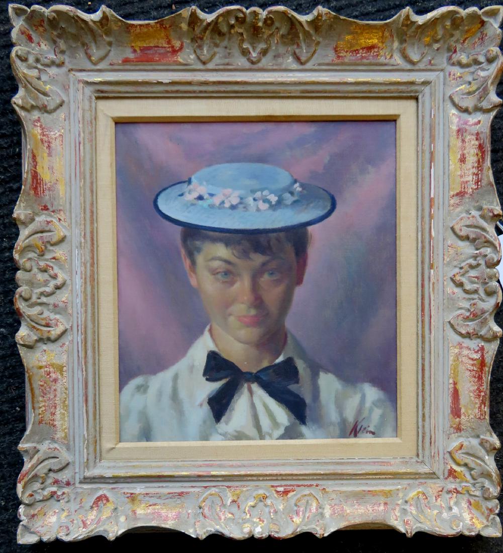 O/C Portrait of a young lady wearing bonnet signed: O/C Portrait of a young lady wearing bonnet signed Klein – paper label attached to the back of frame from Kennedy Gallery NY City – Title “Girl in Blue Bonnet” – Artist – Sandor Klein (San