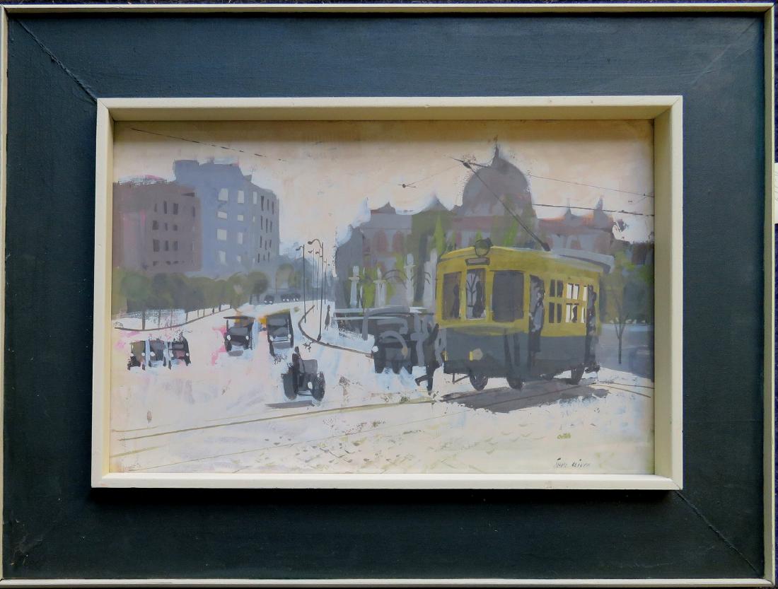Jane Oliver (NY, NJ, CT, born 1921) - O/B City scene: Jane Oliver (NY, NJ, CT, born 1921) - O/B City scene with autos and trolley car, circa 1940. Very good condition. Sight size 14" x 21".