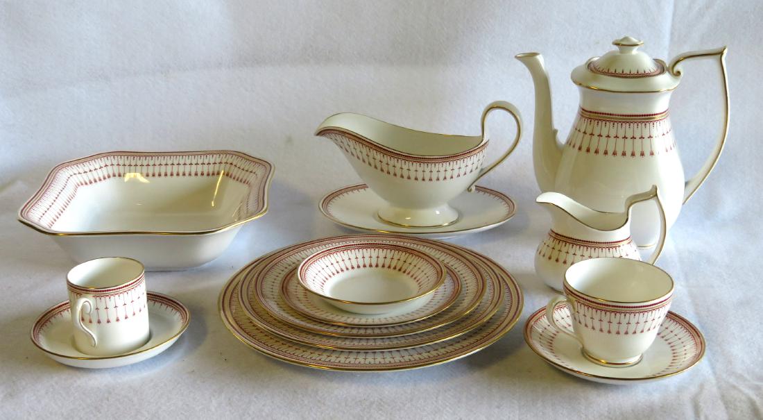 Service for 6 Spode china in the "Kensington" pattern.: Service for 6 Spode china in the "Kensington" pattern - 56 pieces. The set Includes: Coffee pot, creamer, gravy boat and underplate, 9" square serving bowl, 6 plates - 10.5D (one chipped on edge), 6 p