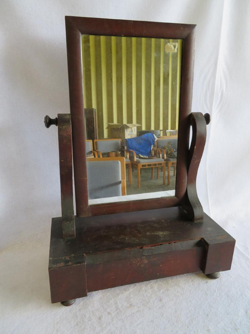Empire mahogany dresser mirror with lower drawer: Empire mahogany dresser mirror with lower drawer – missing 1 piece of molding across the bottom of the back of the mirror not noticeable from the front, minor use wear, original finish, overall good