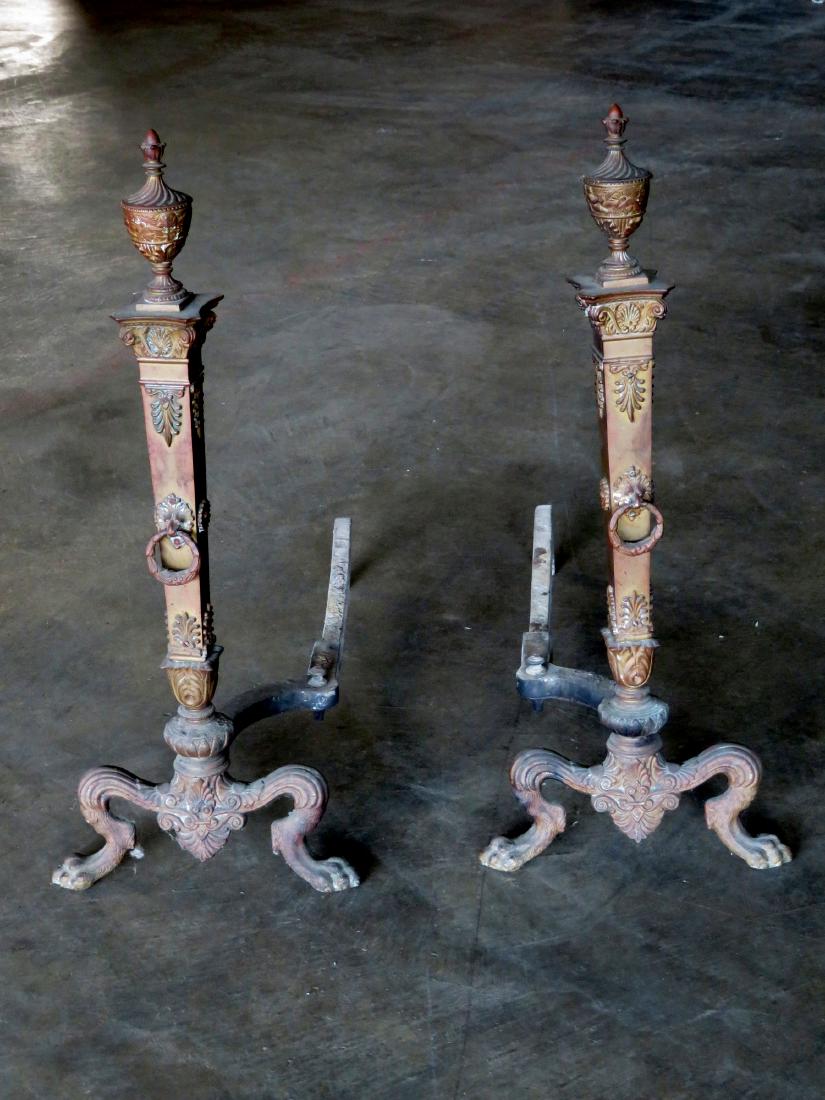 Pair of brass French style andirons with urn finials: Pair of brass French style andirons with urn finials and curved lion's paw feet - 25"H - late 19th to early 20th century - very good condition.