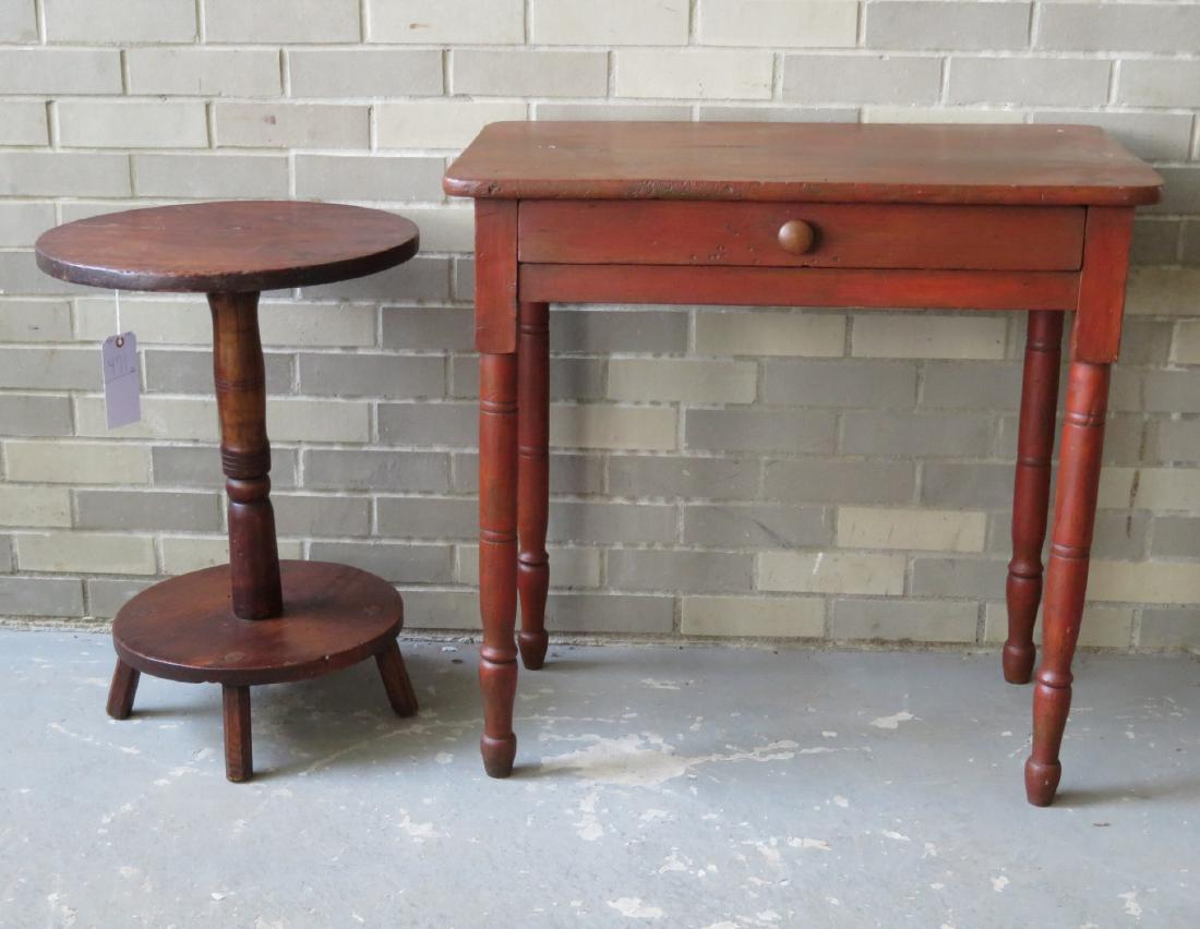 Two primitive work tables including a 19th century: Two primitive work tables including a 19th century cottage pine in red stain with turned legs and single drawer, and an early 19th century candlestand on pedestal base and round top - some restoration