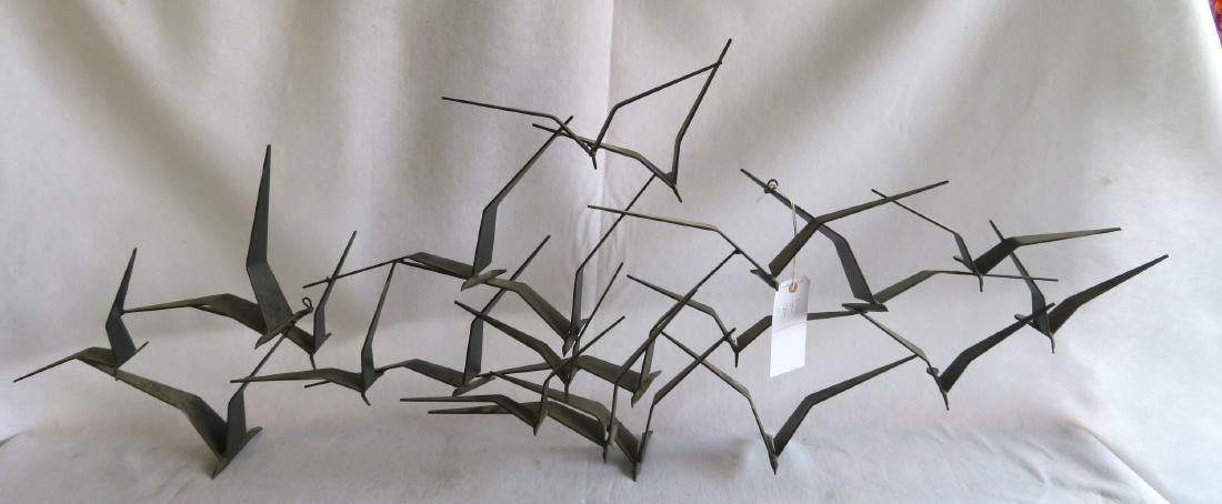 Mid-century modernistic sheet iron sculpture of a flock: Mid-century modernistic sheet iron sculpture of a flock of seagulls in original black paint - very good condition - 58.5"L x 22.5"H x 7.5"D. Provenance: From the estate of Ron & Elizabeth Boedecker, P