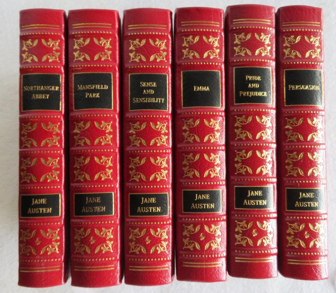 Matched 6 volume set of beautiful leather bound Jane: Matched 6 volume set of beautiful leather bound Jane Austen books, published by the Easton Press, Norwalk CT, 1996. Each volume in tooled red leather with gold highlights and gilt page edges. Mint/Exc