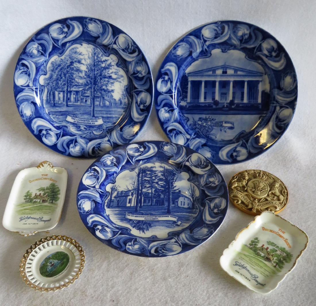Grouping of 8 Poughkeepsie collectibles including: 3: Grouping of 8 Poughkeepsie collectibles including: 3 blue and white Dutchess County Historical plates (see photos), 1916 seating list of Dutchess County Society – Hotel Astor, 2 Dutchess County Soci
