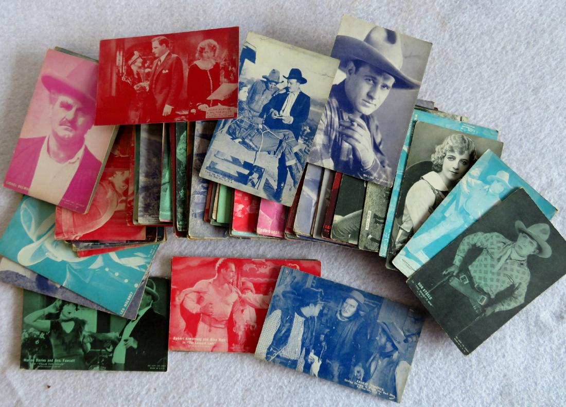 Grouping of 87 arcade movie picture cards, mostly: Grouping of 87 arcade movie picture cards, mostly cowboys including Buck Jones, Bob Reeves, Tom Mix, William Farnum, Buster Keaton, Art Acord, Billy Sullivan, Mary Pickford, Jack Holt, Bob Steele, Nea
