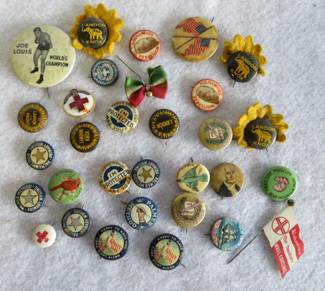Grouping of 30 vintage pin-backs including 6: Grouping of 30 vintage pin-backs including 6 Landon-Knox presidential campaign buttons (3 with felt sunflower surrounds) - Alf Landon 1936 campaign - signed on reverse GREENDUCK Company - Chicago, and