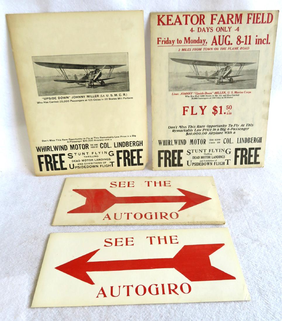 Four Captain John Miller (Poughkeepsie NY 1905-2008): Four Captain John Miller (Poughkeepsie NY 1905-2008) aviation broadsides, 2 related to barnstorming which he did during the Depression years 11” x 14”, and 2 smaller arrow signs related to the aut
