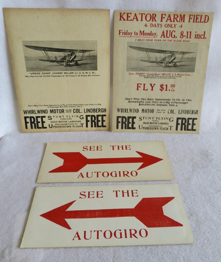 Four Captain John Miller (Poughkeepsie NY 1905-2008): Four Captain John Miller (Poughkeepsie NY 1905-2008) aviation broadsides, 2 related to barnstorming which he did during the Depression years 11” x 14”, and 2 smaller arrow signs related to the aut