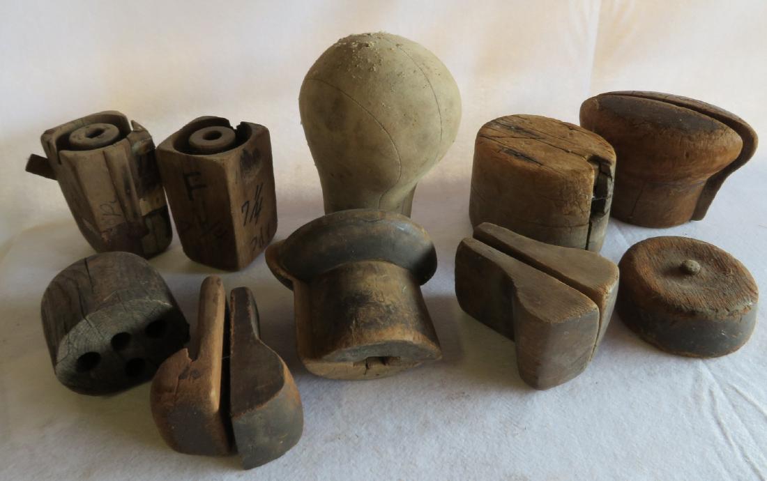 Grouping of old machine part molds and hat molds, circa: Grouping of old machine part molds and hat molds, circa 1900.
