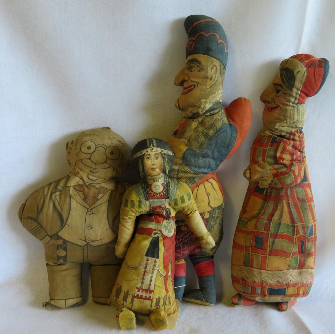 Grouping of 4 vintage cloth dolls including Indian: Grouping of 4 vintage cloth dolls including Indian maiden – very good condition – 17.5”H, Punch and Judy dolls – good condition – 24”H, and cartoon character holding rabbit wearing Masonic