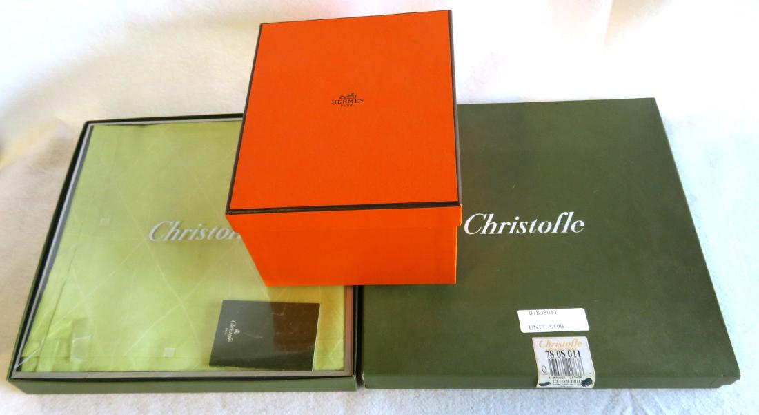 Three modern designer objects including a Hermes: Three contemporary designer objects including a Hermes porcelain painted Medium Vase signed on base Balcon du Guadalquivir / Hermes Paris, in original box (original selling price $810), and 2 Christof