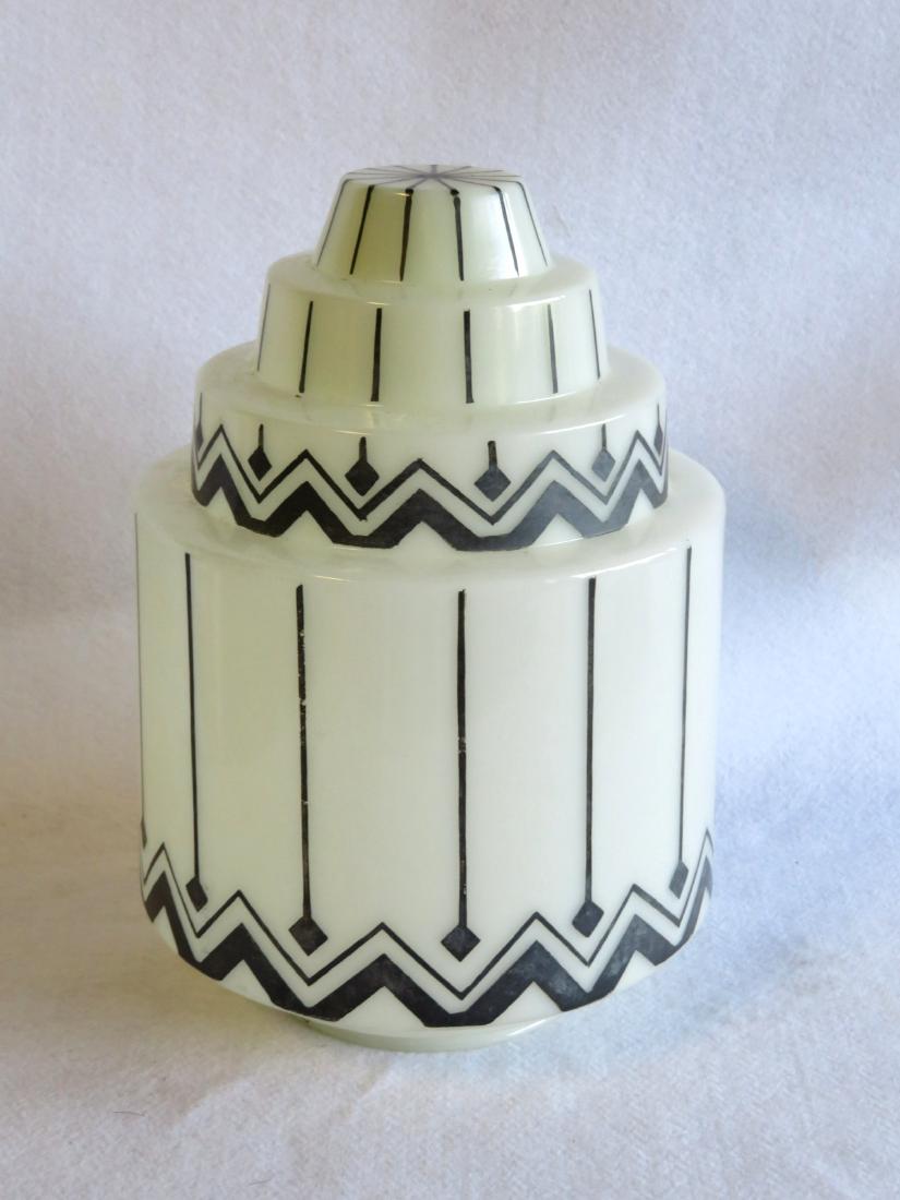 Art Deco hand painted ceiling glass shade.: Art Deco hand painted glass shade for a ceiling fixture in original black paint over opaque white. The step-down style shade is in excellent condition, circa 1920-30. 14"H x 6"D of opening.