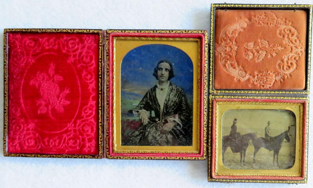Two early images including: 1) Ambrotype of woman with: Two early images including: 1) Ambrotype of woman with tinting including unusual blue sky - quarter plate mounted in leather-like case, both the case and the image in near excellent condition; 2) Tint