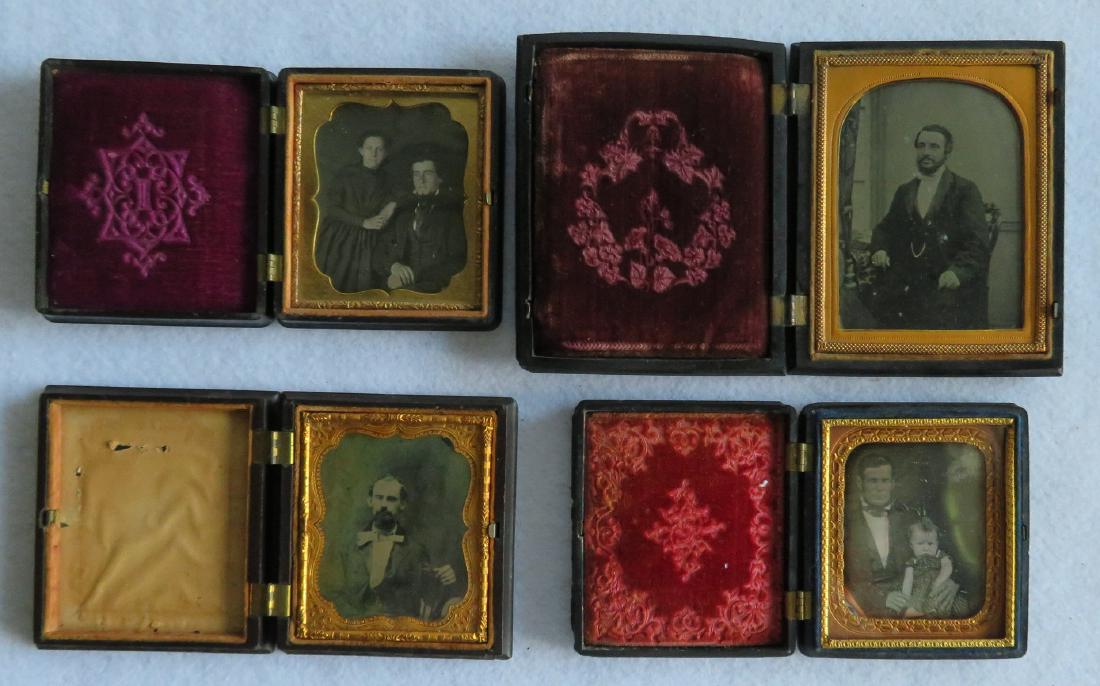Grouping of 4 Daguerreotype and ambrotype portrait: Grouping of 4 Daguerreotype and ambrotype portrait images mounted in gutta percha cases, including 2 identified on interior - three 6th plate and one quarter plate images - 2 ambrotypes and 2 Daguerre