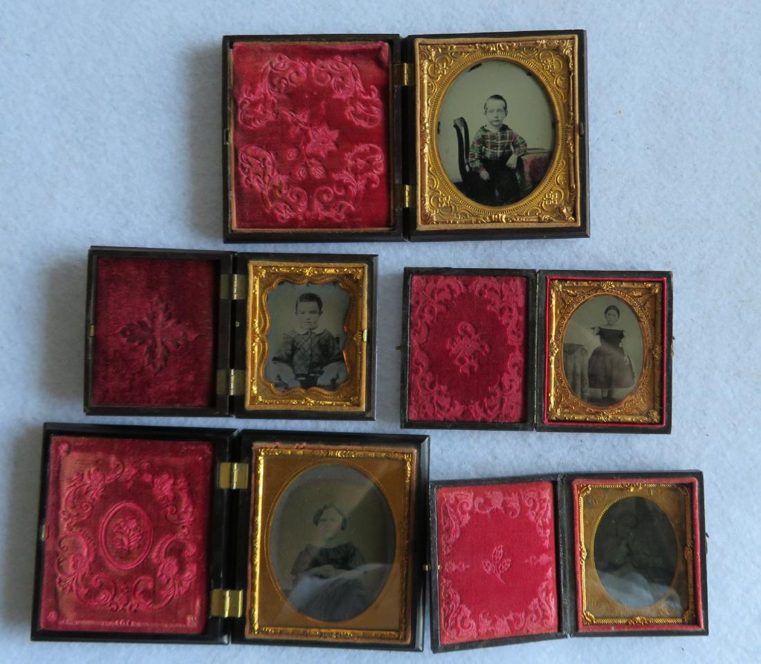 Grouping of 5 early children images including two 9th: Grouping of 5 early children images including two 9th plate of children in leather like cases (1 ambrotype and 1 tintype); and 3 children in excellent gutta percha cases (no damage) - one case with em