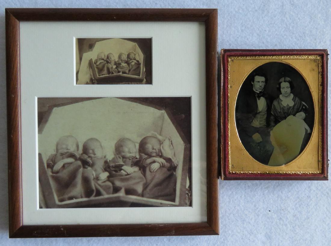 Two early postmortem photos including a 1/2 plate: Two early postmortem photos including a 1/2 plate ambrotype of somber mother and father holding child; and a framed CDV (with enlargement) of quadruplets in coffin. All in very good condition.